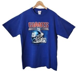 NFL NY Giants Tee Shirt Football Royal Blue Spellout Men's Size Large See Below